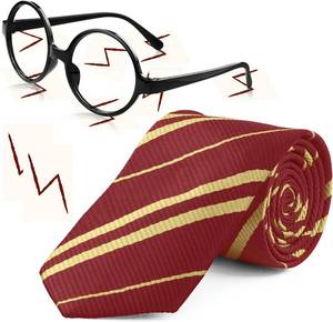 lot 2312 image: Novelty Cosplay Tie Wizard Glasses with Round Frame No Lenses Lightning Tattoos for Birthday Party Costume Accessories Necktie Halloween Party (Red TieGlassesTattoos) (DYDY-011)