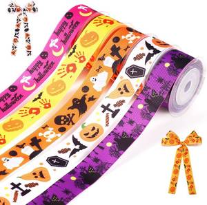 lot 2315 image: 5 Rolls Halloween Grosgrain Wired Ribbon, Length 5 Yard Width 78 Inch Halloween Themed Colorful Ribbon Set for Crafts Gift Wrapping Home Pumpkin Ghost Party Decorations Supplies (Horror Theme)