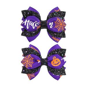 lot 2325 image: YanJie 2Pcs 3 Pumpkin Bow Clips Halloween Hair Accessories Glitter Clip Purple Hairpin Cute Halloween Accessory for Girls Spider Web Women Outfits
