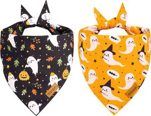 lot 2339 image: Halloween Dog Bandanas - 2 Pack Fall Dog Bibs  Reversible Pumpkin and Ghost Pet Scarf for Boys and Girls  Premium Durable Fabric  Boo Dog Bandana for Medium and Large Dogs (Large)