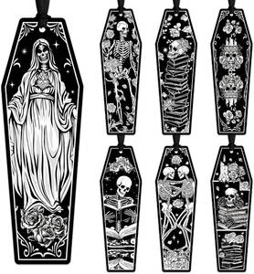 lot 2347 image: 60 Pcs Gothic Skeleton Coffin Bookmarks - Halloween Skull Horror Bookmark Gothic Book Marker with Ribbon for Reading Lovers Gifts Accessories