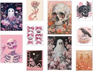 lot 2399 image: Whaline 10Pcs Halloween Wall Art Prints Pink Skull Ghost Flower Paper Posters Aesthetic Gothic Picture Decoration for Party Gallery Living Room Office, Unframed