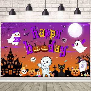 lot 2406 image: AIBIIN Halloween Booday Birthday Backdrop Banner Halloween Spooktacular Cute Ghost Theme Decor for Boys Girls Baby Shower Birthday Party Decorations Photo Studio Props Decor Supplies 70.8x43.3 inch