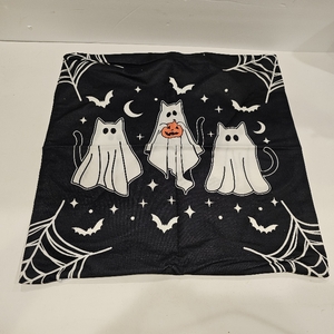lot 2408 image: Halloween Ghost Cat Pillow Cover 17x17 Inch   Cute Black Throw Pillow with Ghost Cats and Pumpkin   Funny Halloween Decor for Couch, Bench, or Entryway