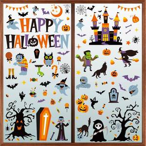 lot 2418 image: 116PCS Halloween Window Clings, 9 Sheets Halloween Decorations, Cute Witch Tree Zombie Ghost Patterns PVC Window Stickers for Treat or Trick Party Favors Decal Supplies Decor Accessories
