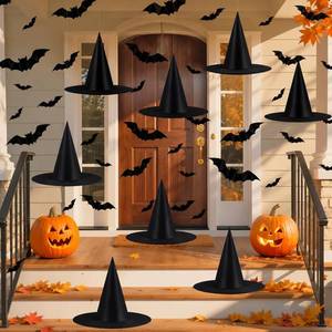 lot 2427 image: Tepoobea Halloween Decorations Black Witch Hats, 8 Pack Hanging Witches Hats & 32Pcs 3D Bats Halloween Decorations Outdoor Indoor