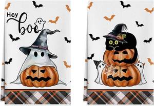 lot 2435 image: XCHI Halloween Boo Spooky Ghost Cat Kitchen Towels Dish Towels 18x26 Inch Home Kitchen Decorations Hand Towels Set of 2 Drying Dishcloth