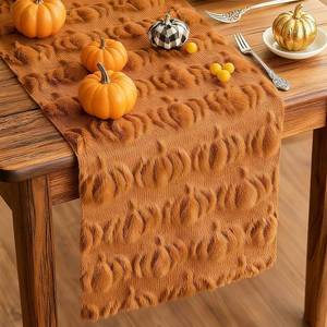 lot 2437 image: Halloween Pumpkin Decor Table Runner, Caramel Soft Plush Faux Fur Jacquard Pumpkins Table Runner, Holiday Kitchen Dining Table Fall Decorations for Home 13x72 Inch, Caramel