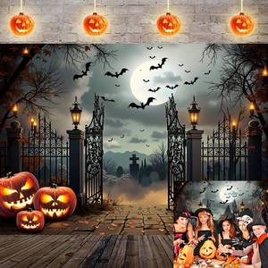 lot 2439 image: Halloween Full Moon Backdrop Spooky Graveyard Pumpkin Lights Bat Scary Night Photography Background Halloween Birthday Holiday Family Party Garage Wall Decorations 7x5FT