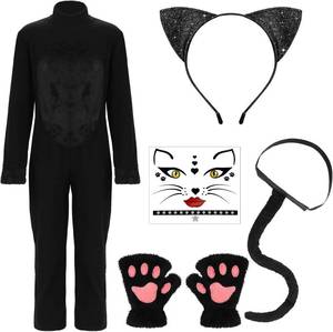 lot 2450 image: Ramede Halloween Black Cat Costume for Girls Black Cat Costume with Gloves Headband Tail Stickers for Kids Size 7-8