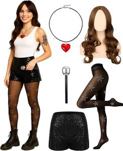 lot 2459 image: 5 Pcs Halloween Pop Singer Costume Wig Shorts Microphone Heart Necklace y2k Tights for Cosplay Outfits (L)