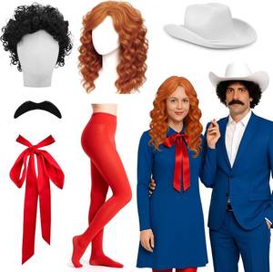 lot 2460 image: Mepase 6 Pcs Halloween Singer Couple Costume Adults Costume Accessories Include Wigs Cowboy Hat Beard Stockings and Bow Tie for Women Men Halloween Cosplay Party Outfits