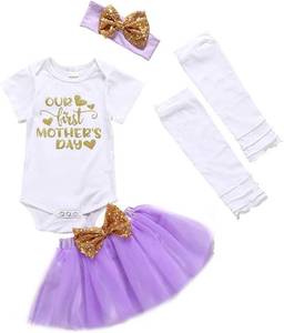 lot 2497 image: Newborn Infant Baby Girl My 1st Mothers Day Skirt Set RomperTutu Pink Dot SkirtHeadbandLegging Warmer 4Pcs 0-3 Months