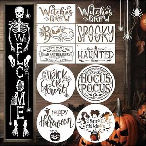 lot 2602 image: MYJMN Halloween Stencils for Painting on Wood, Round Reusable Large Happy Halloween Hey Boo Trick or Treat Witch Stencils for Porch Sign Walls Door Hanger Sign DIY Ornament Crafts (12 Welcome), white
