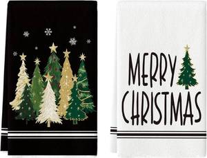 lot 2628 image: Artoid Mode Black Xmas Tree Merry Christmas Kitchen Towels Dish Towels, 18x26 Inch Farmhouse Star Holiday Winter Decoration Hand Towels Set of 2