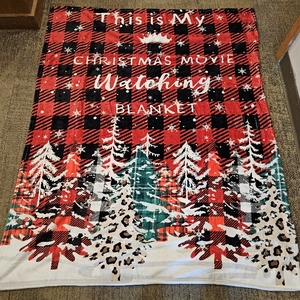 lot 2633 image: Movie Throw Blanket 50x60,Christmas Movie Night Plush Fleece with Buffalo Plaid Border, Movie Watching Design