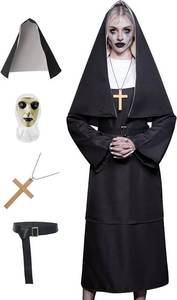 lot 2673 image: Adult Womens Nun Cosplay Costume for Halloween 5-Piece Set with Long Dress Black Outfit Horror Veil Headpiece Necklace Medium