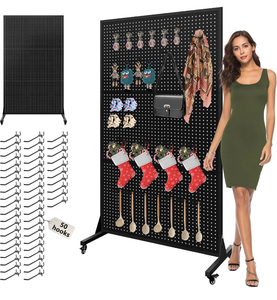 lot 7 image: Royxen 3.5 x 6 Feet Metal Pegboard with 50 Hooks, Peg Board Display Stand with Wheels, Large Standing Pegboard Displaywith T-Base Art Display Stand for Retail Stores Exhibitions Homes (Black) - Retail $119