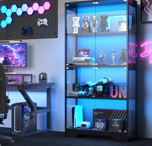 lot 14 image: knoworld Display Cabinet with Glass Doors & RGB LED Lights, BlackDisplay Storage Cabinet with Human Sensor, 4 Tier Glass Cabinet with 15mm Thick Shelves for Collectibles, Trophies & Books - Retail $179