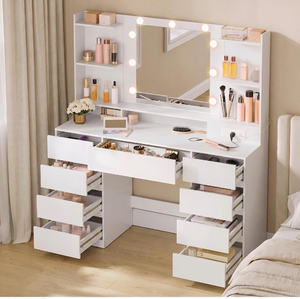 lot 19 image: VASAGLE 43.3-Inch Vanity Desk with Mirror and Lights, 9 DrawersModern Vanity Table with Power Outlets, Jewelry Storage, Cloud White, for Bedroom, KAILYN Collection URDT141WB01S - Retail $169
