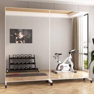 lot 26 image: 72x40 Home Gym Rolling Mirror, Tempered��Glass Floor Mirror with Wheels - Retail $330