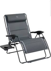 lot 44 image: TIMBER RIDGE XXL Oversized Zero Gravity Chair, 33 Wide, 500 lb, GrayPadded Recliner with Patented Lock, Adjustable Headrest & Retractable Tray with Cup Holder Folds for Camping, Lawn & Patio - Retail $136