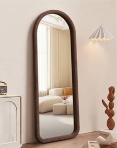 lot 46 image: Delma Arched Full Length Mirror, Free Standing Floor Velvet Finish Frame Mirror for Leaning or Hanging, Soft Touch Bedroom & Living Room Decor, Brown - Retail $81