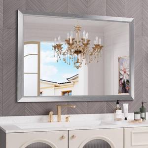 lot 47 image: Amorho Bathroom Mirror for Wall 50x36 Inch, Brushed Silver Metal Framed - Retail $250