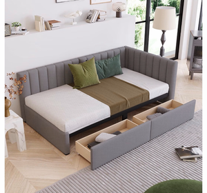 lot 51 image: Upholstered Daybed, Twin Bed Frame, Linen Sofa Bed with 2 Storage Drawers, Gray Wood Slat Support, No Box Spring Needed, Semi Closed Backrest for Bedroom and Guest Room - Retail $279
