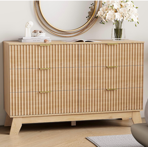 lot 52 image: 6 Drawer Dresser for Bedroom, Fluted Dressers Chest of Drawers, Oak47 Mid Century Modern Dresser for Closet with Gold Handle, Wood Closet Storage Organizer Furniture for Bedroom, Living Room - Retail $199