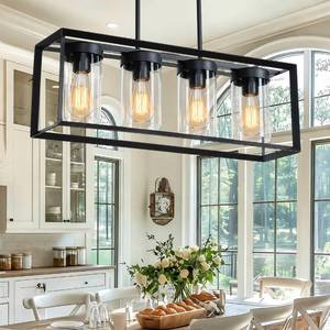 lot 4073 image: $100 4-Light Linear Pendant Fixture, Black Farmhouse Chandeliers