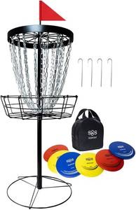 lot 4078 image: $155 SGSPORT Disc Golf Basket with Discs, Portable 24-Chain, 6 Discs