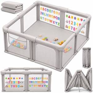 lot 4135 image: $90 Foldable Baby Playpen 50 x 50 in with Mat, Large Baby Playard Grey