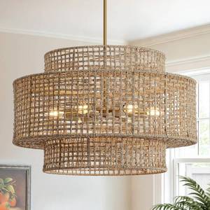 lot 4143 image: $230 24 Rattan Chandelier for Dining Room, Large Boho Pendant Light