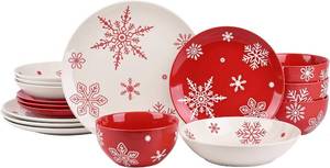 lot 4271 image: $112 16-Piece Christmas Dinnerware Set   RedWhite Snowflake Porcelain