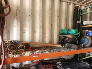 lot 193601 image: Lot of Garden & Landscaping Hand Tools w Rope & Hose