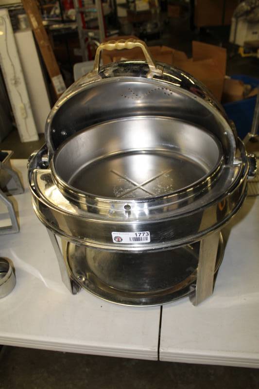 lot 1773 image: Large Round Stainless Steel Roll Top Chafing Dish