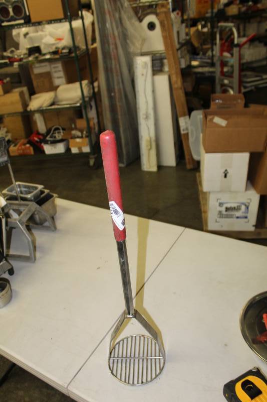 lot 1774 image: Chrome Plated 18 Round Faced Potato Masher with Soft Grip Handle