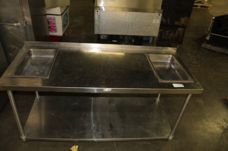 lot 1733 image: Stainless Steel Table with 2 Full Size Stainless Steel Food Pan Cutouts