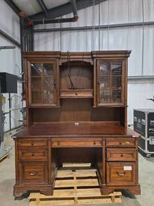 lot 7800 image: Antique Wood Executive Desk w Hutch & Glass Doors