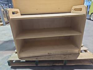 lot 7821 image: Natural Wood Library Shelving Unit w Handles 3-Shelf