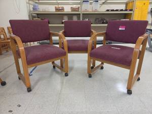 lot 1030 image: (3) Oak Wood Arm Chairs w Burgundy Upholstery & Casters