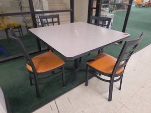 lot 1092 image: 42 in Square Black Dining Table w Gray Top &amp  4 Ladder BackOrange Seat Chairs