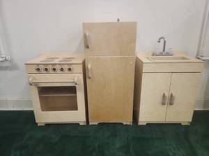 lot 22044 image: Wooden Play Kitchen Set w Stove, Refrigerator & Sink