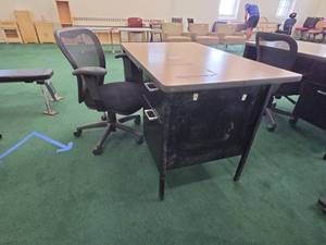 lot 22071 image: Black Mesh Office Chair with Armrests and Desk with 2 Drawers and Brown Desktop