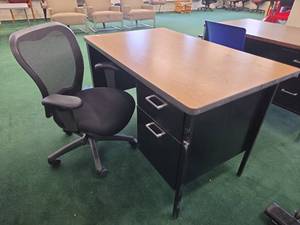 lot 22072 image: Mesh Office Chair with Armrests and Desk with 2 Drawers and Brown Desktop