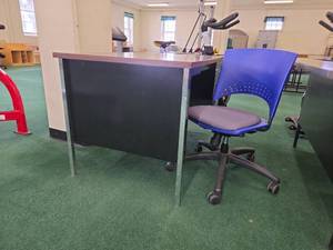 lot 22073 image: Blue Mesh Office Chair with Armrests and Desk with 2 Drawers and Brown Desktop