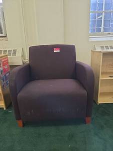 lot 22112 image: Purple Upholstered Armchair w Wood Legs