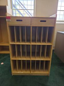 lot 22120 image: Wooden Storage Shelving Unit w Drawers & Dividers