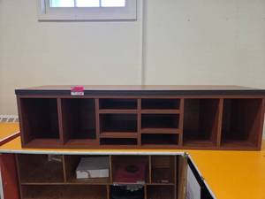 lot 22147 image: Wood Desk Hutch Shelving Unit w Storage Compartments